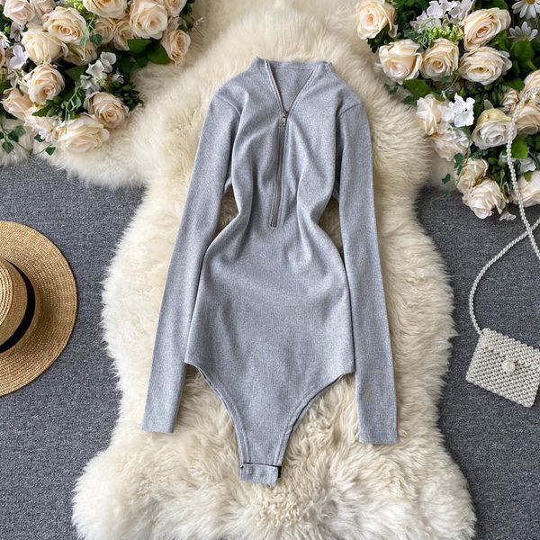 

t shirts women zippers fitness rompers solid casual long sleeve jumpsuit spring fashion v neck streetwear bodysuit, White