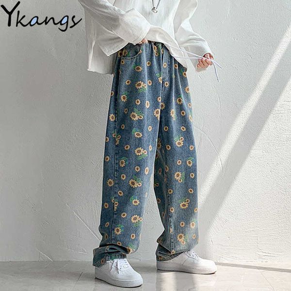 

plus size loose sunflower printed jeans women loose blue wide leg denim pants hip hop high waist flower pattern joggers harajuku 210730