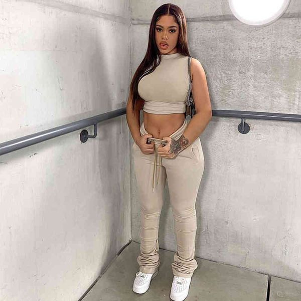 

ladies sleeveless round neck fashion sports leisure tight waist pile pants two-piece set, Gray
