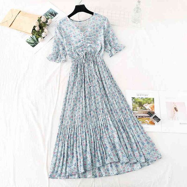 

dresses women chiffon summer v-neck fashion female short sleeve floral print vintage pleated es elegant a-line vestidos, Black;gray