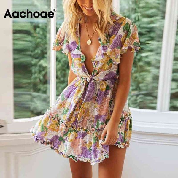

deep v neck beach mini women summer floral print a line ruffles dresses bow tie short sleeve holiday dress 210413, Black;gray
