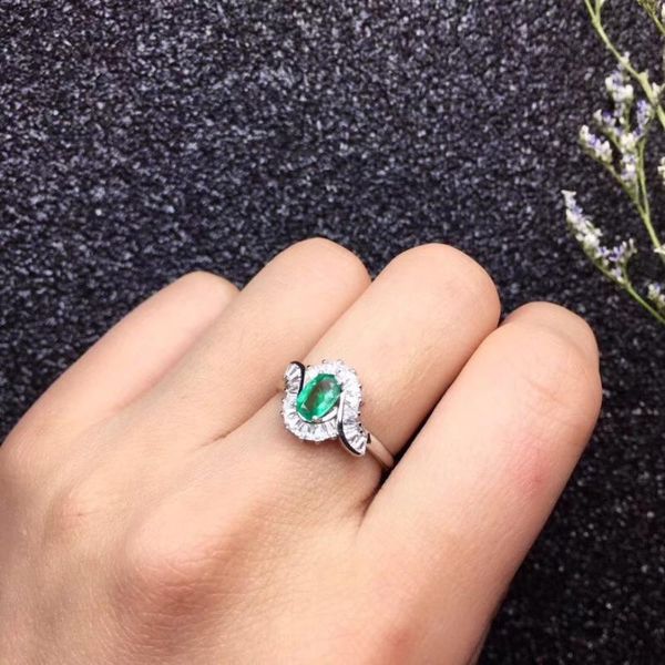 

cluster rings natural emerald ring 925 silver crystal clean object po shop promotion price, Golden;silver