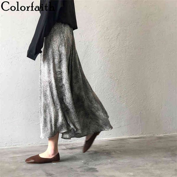 

colorfaith new women's skirts summer casual vintage high waist ankle-length lace up satin leopard trumpet skirts sk0313 210413, Black