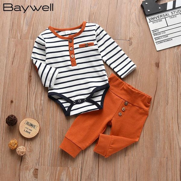 

clothing sets baywell infant baby boys casual simple long sleeves round collar striped print bodysuit + trousers autumn clothes, White