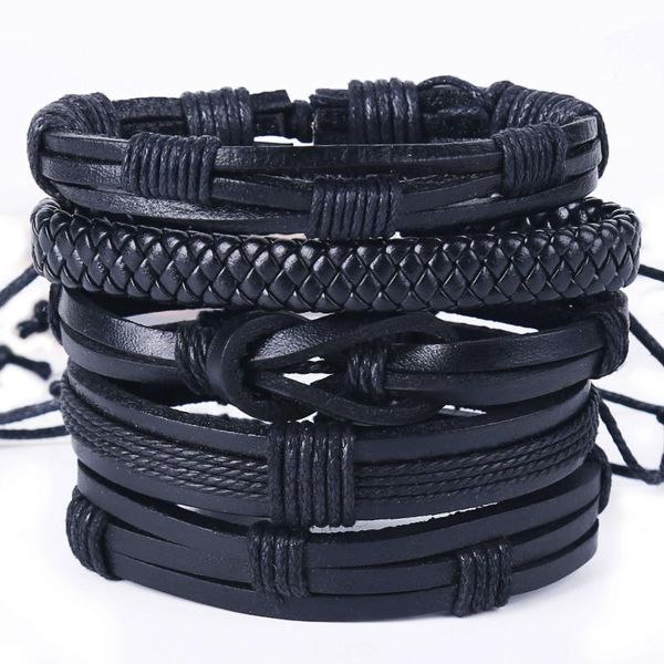 

charm bracelets 5pcs/set boho punk hippie classic black leather thick thin band cord knots layers wrap bracelet bangles for man, Golden;silver
