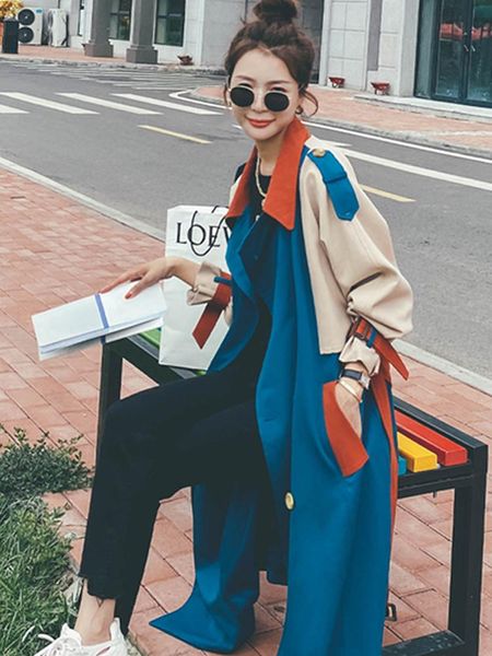 

women's trench coats contrast stitching windbreaker middle and long style 2021 spring autumn fashion loose korean temperament coat, Tan;black