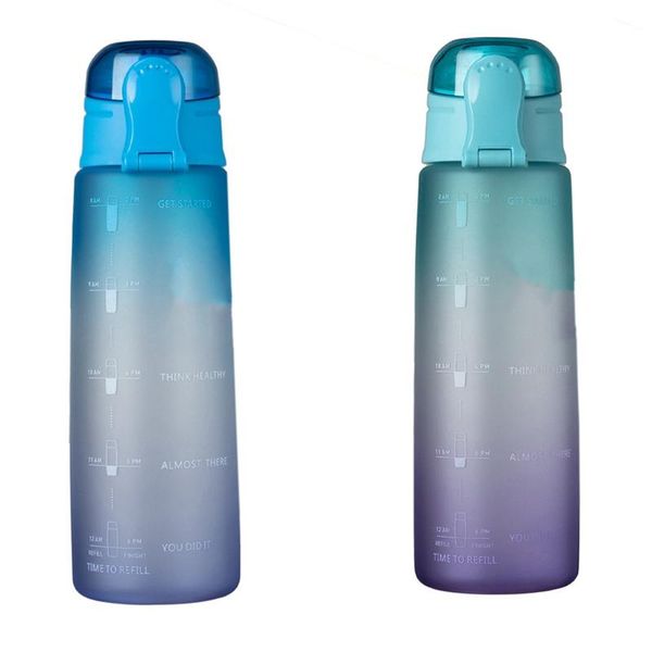

water bottle 2pcs 32oz fitness with time marker bpa large capacity jug, gradient-blue & gradient-green