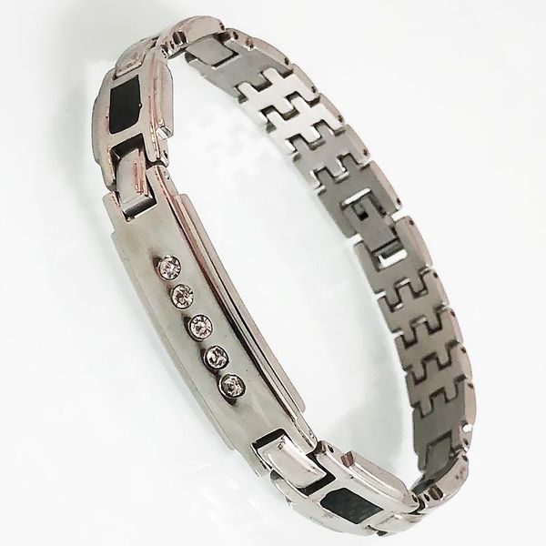

link, chain polished stainless steel crystal inlaid square bracelets for men women's health care germanium magnetic therapy bangle jewe, Black