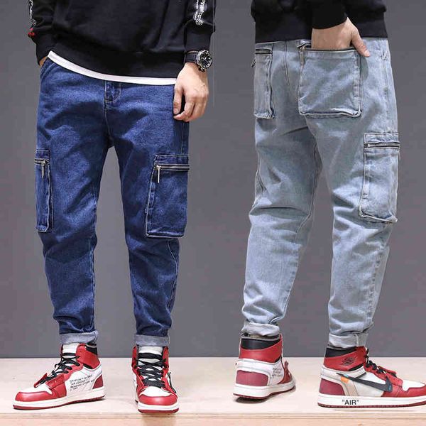 

jeans newly designer fashion men jeans loose fit big pocket denim cargo pants homme streetwear hip hop wide leg trousers, Blue