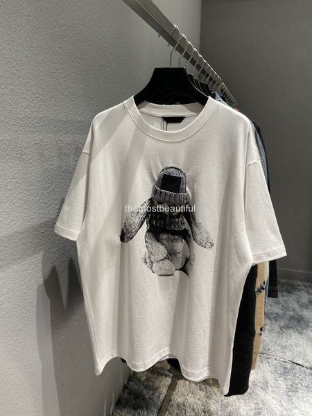 

women's t-shirt spring and summer high version b wool hat rabbit print pullover round neck loose casual men's women's same t-, White
