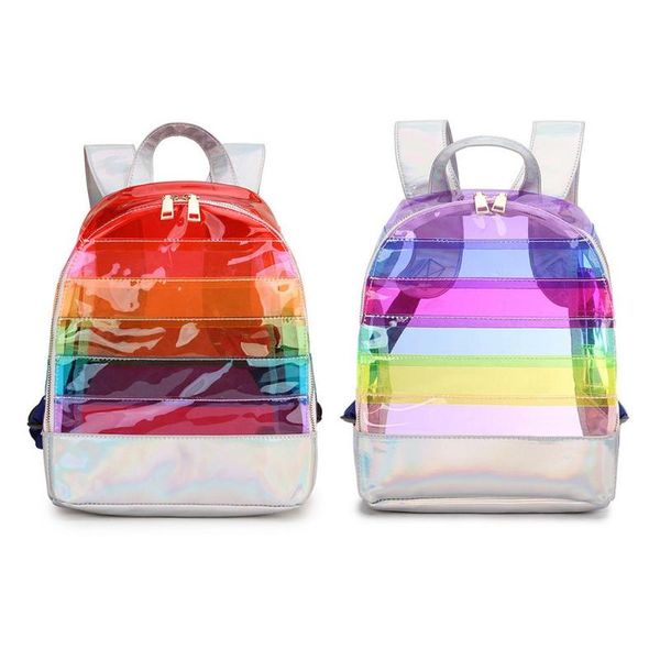 

school bags 2021 rainbow stripe laser backpack pvc transparent contrast color leisure large-capacity children's bag