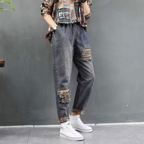

autumn style arts women vintage elastic waistline ripped jeans loose cotton shreds deniharem jean m325 femme pants, Blue