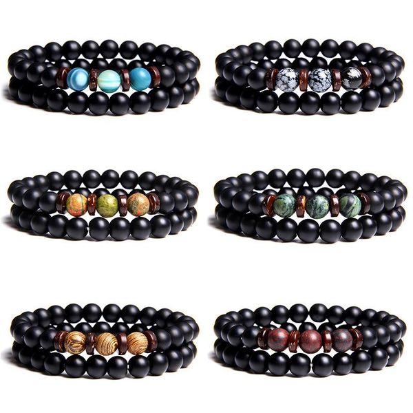 

link, chain eif dock beaded bracelets bangles set natural stone couples distance energy elastic rope men women friend jewelry gift, Black