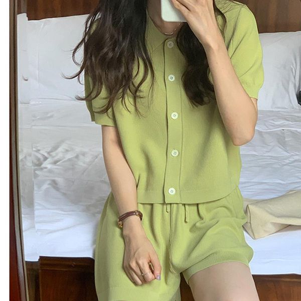 

women's blouses & shirts lapel solid knitted suit women korean fashion loose t-shirt woman casual high waist straight shorts ladies sin, White