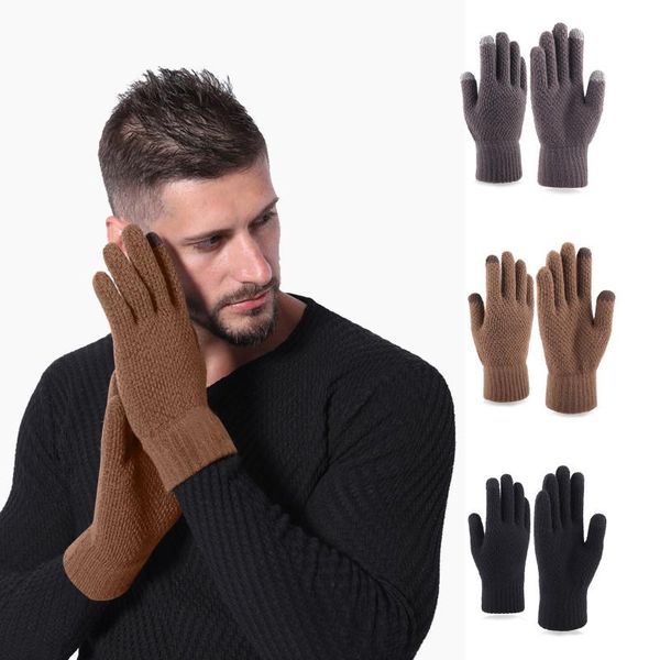 

cycling gloves solid color mittens women's for men's fall and winter thickened knitted warm woolen mobile phone, Black