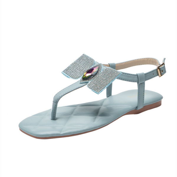 

sandals gem bling diamonds ornament butterfly-knot flat for ladies square toe summer shoes women ankle strap, Black