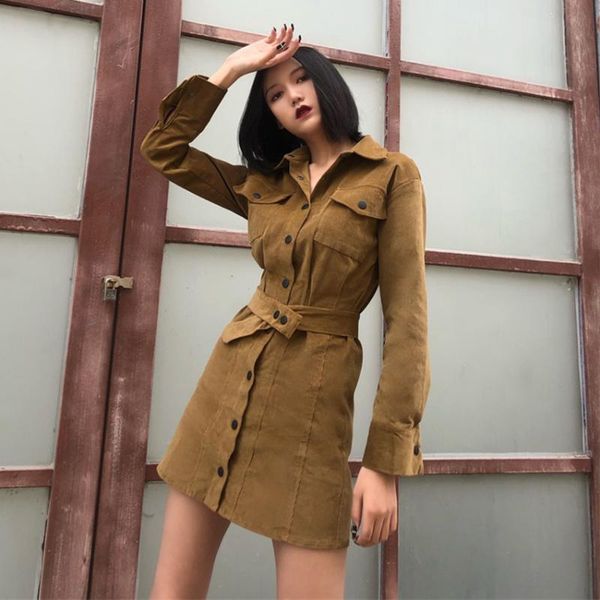 

casual dresses ladies long sleeve shirt skirt dress, corduroy dress workwear belt pocket, Black;gray