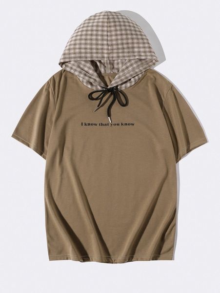 

men slogan graphic plaid panel drawstring hooded tee 07yi#, White;black