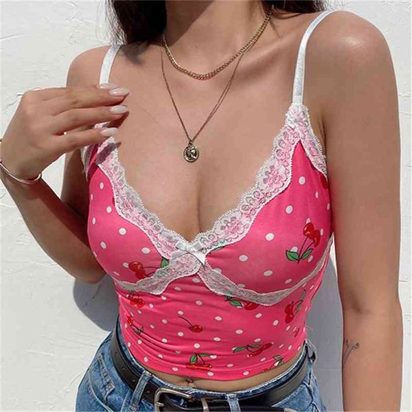 

kawaii y2k crop sweet spaghetti strap cherry leopard print lace cami streetwear 90s womens tank canotta donna 210401, White