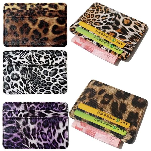 

card holders portable thin mini pu leather classic leopard print id for men women, Brown;gray