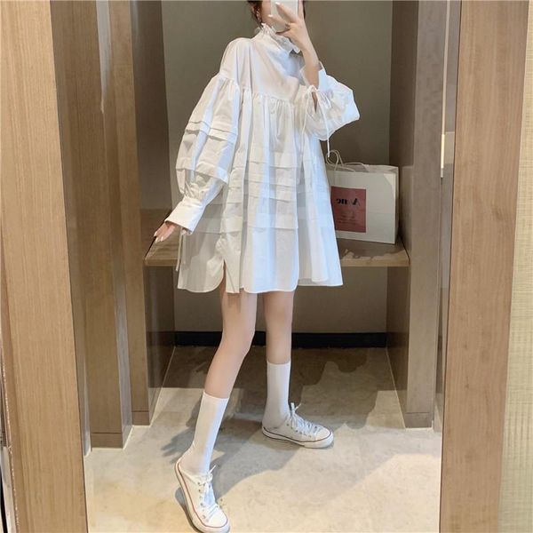 

casual dresses spring and autumn 2021 fashion korean a-line shirt dress loose stand collar lantern sleeve solid color women, Black;gray