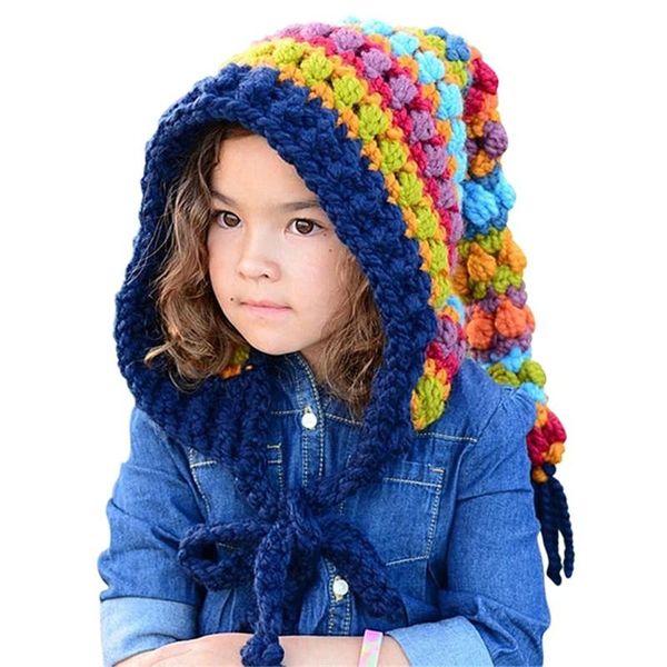 

caps & hats kids winter wool handmade crochet beanie hat children warm knitted rainbow false collar hooded cap boy girl xmas, Yellow