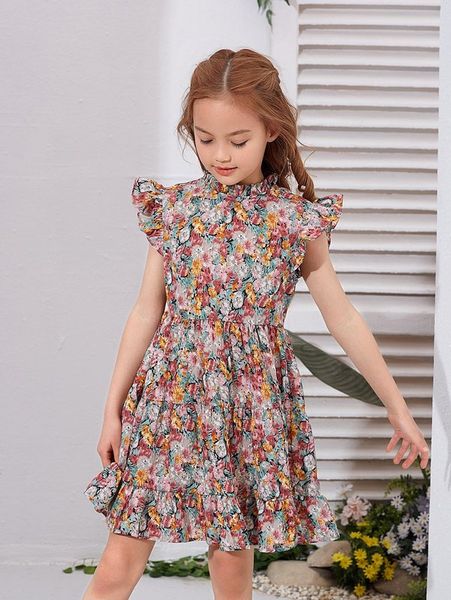 

girls mock neck butterfly sleeve allover floral dress she, Red;yellow
