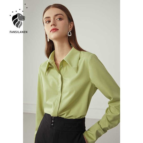 

fansilanen office lady casual blouse shirt women long sleeve elegant autumn blue female spring green vintage 210607, White