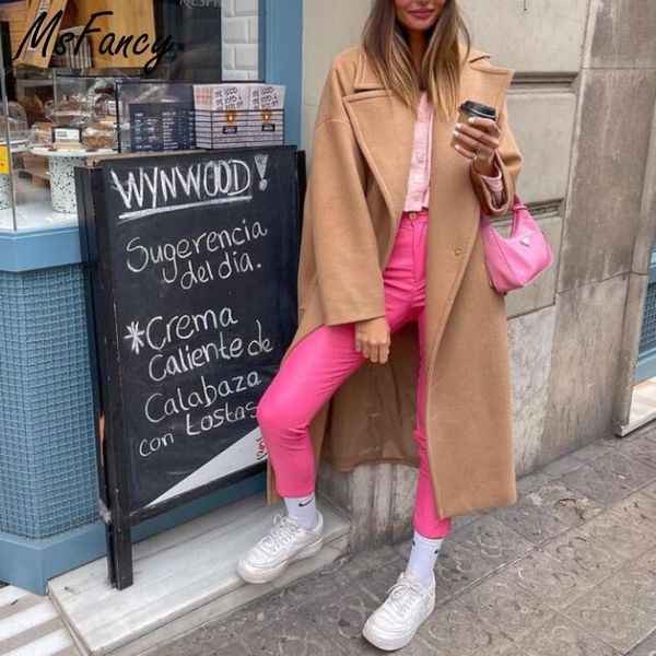 

women's wool & blends msfancy brown coat women lapel long sleeve overlong jacket korean fashion single button outwear, Black