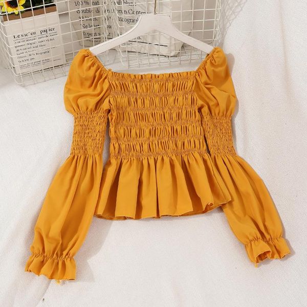 

women's blouses & shirts spring fall korean style fashion women ladies slash neck lantern sleeve stretchy folds blouse , woman slim ru, White