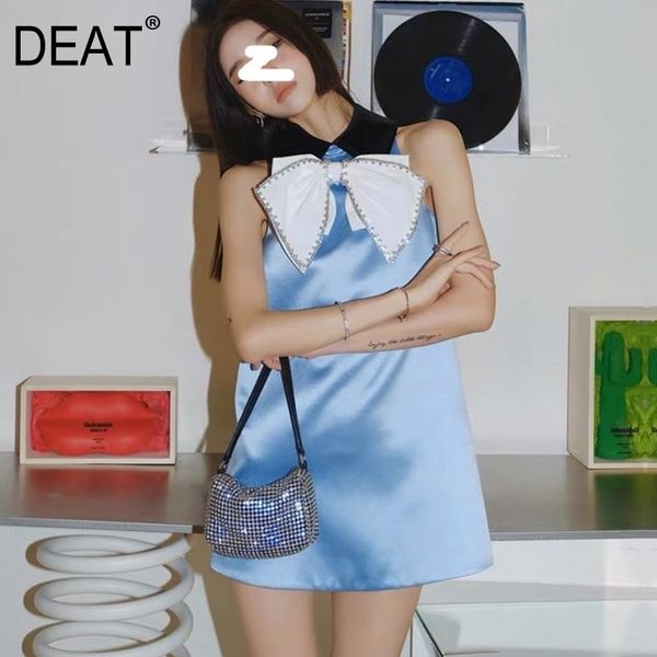 

[deat] summer fashion women blue color bow collar sleeveless mini length party dress cute girl's vestido wr 210428, Black;gray