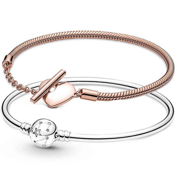 

original 925 sterling silver moments stars & galaxy rose heart t-bar snake chain bracelet for pandora bangle bead charm jewelry, Golden;silver