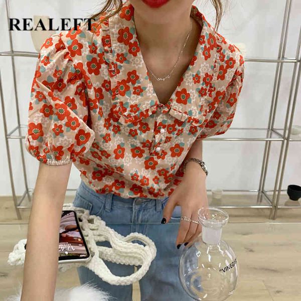 

summer chic flower print women's blouse puff sleeve turn-down collar shirts korean style female 210428, White