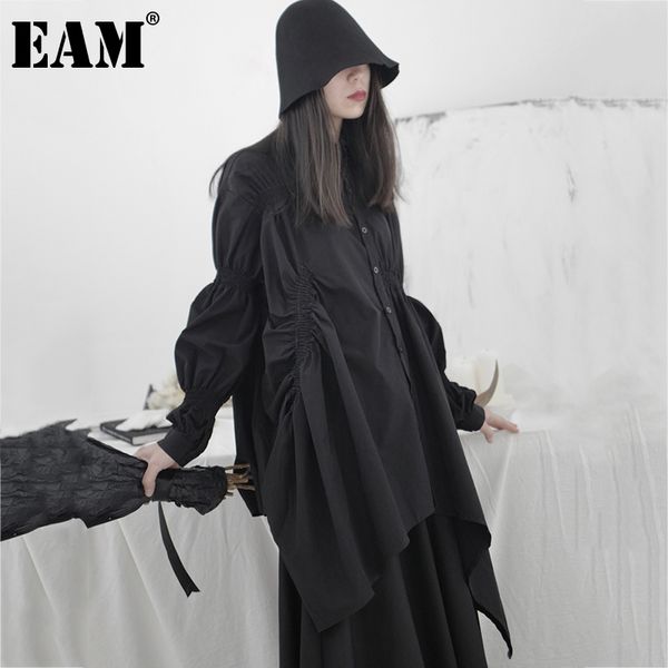 

[eam] women black pleated ruffles irregular casual dress lapel long sleeve loose fit fashion spring autumn 1dd7641 21512, Black;gray