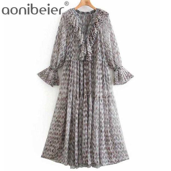 

spring women v neck cascading ruffle pressed pleat chiffon printed dress female long sleeve clothes lady loose vestido 210604, Black;gray