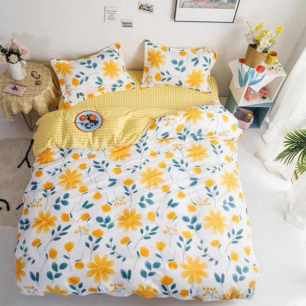 

bedding sets yellow flower floral duvet cover set 3/4pcs plaid reversible design flowers with bed sheet and pillowcases