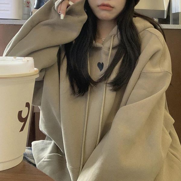 

women's hoodies & sweatshirts hong kong love print loose plush hoodie autumn winter oversize medium and long coat women, Black