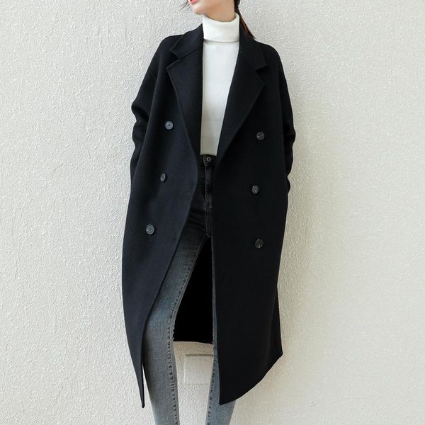 

women's wool & blends female double-sided cashmere blend coat autumn and winter hepburn style loose mid-length double breasted, Black