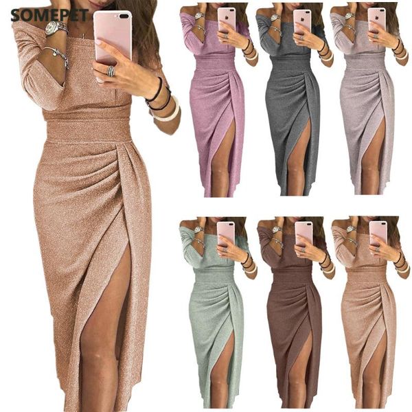 

european and american autumn women's bag hip slits one-line neck shiny party dress casual dresses, Black;gray