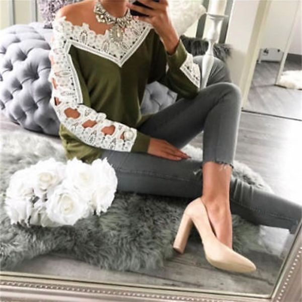 

new spring women lace loose long sleeve -shirts casual basic cotton t-shirt, White
