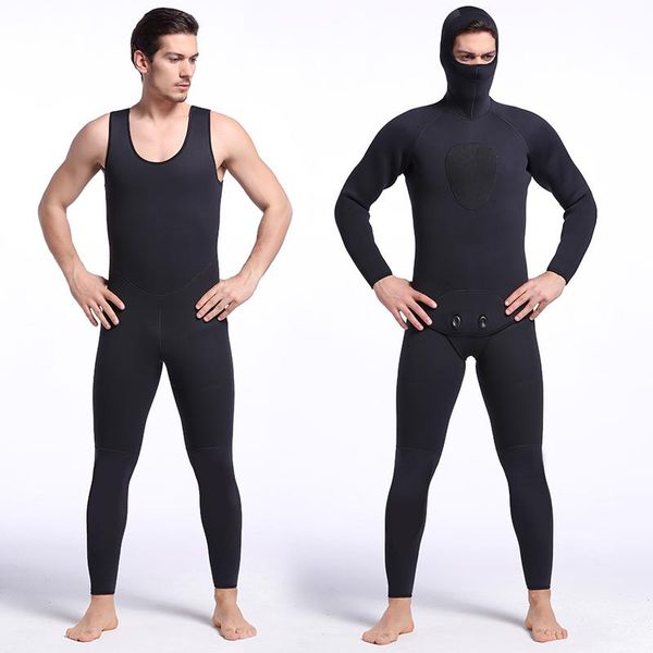 

5mm men's wetsuit 2-piece set black hooded spearfishing jumpsuit fullsuit diving, snorkeling & swimming farmer john swim wear