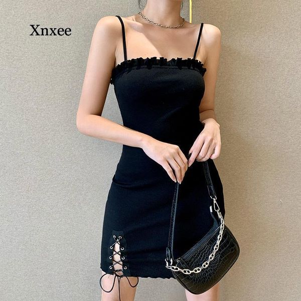 

female streetwear bodycon black mini dress gothic high waist eyelet bandage spaghetti straps backless dresses clothes casual, Black;gray