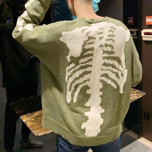 

men's sweaters hole kapital skeleton bone printing sweater 1:1 men women crewneck washed vintage green sweatshirts clothes knitted, White;black