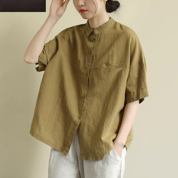 

women's blouses & shirts cotton linen women solid oversized loose vintage 2021 summer half sleeved turn-down collar casual female outwe, White