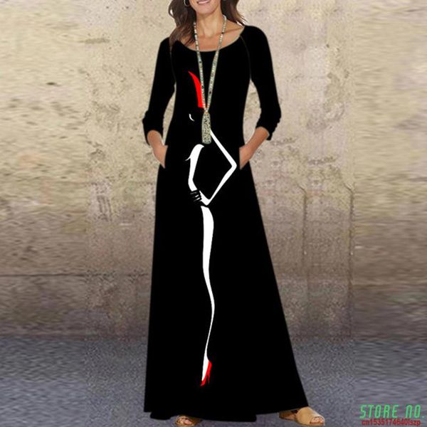 

casual dresses elegant women o neck abstract print long ladies sleeve pocket party autumn plus size a-line dress vestidos, Black;gray