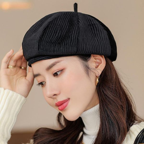 

beanies ht3825 berets spring autumn hat fashion striped corduroy beret vintage ladies artist painter octagonal cap for women