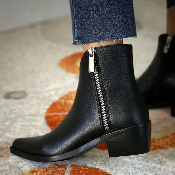 

boots women ankle natural leathe shoes europe and america british style pointed toe retro double zip short, Black