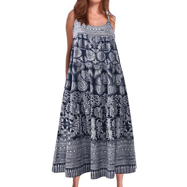 

plus size women dress spring summer boho sleeveless floral print spaghetti straps large hem loose long 2021 casual dresses, Black;gray