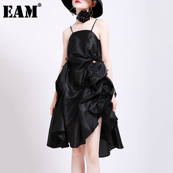 

[eam] women black pleated stitch irregular spaghetti strap dress sleeveless loose fit fashion spring summer 1w947 21512, Black;gray