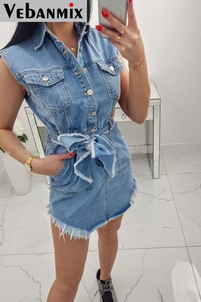 

blue jean dress sleeveless lapel button hole jeans street style solid vintage denim shirt for women casual dresses, Black;gray